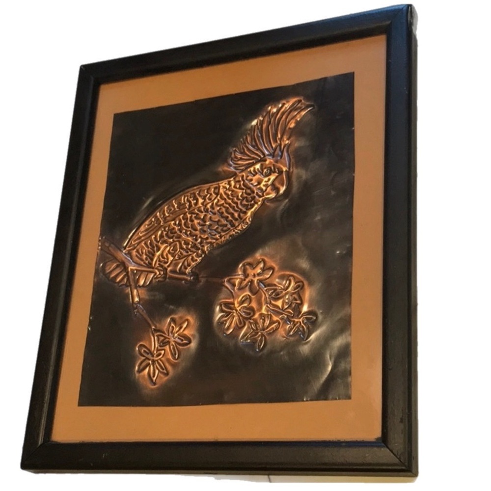 Copper Repouse’ Copper Art of Tooled Bird On A Branch Exotic Parrot Cockatiel